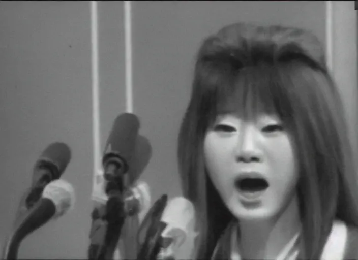Prompt: Japanese TV show from 90's. Low quality VHS footage. A woman singing on stage.