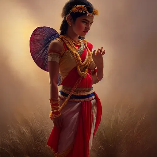 Image similar to beautiful young sita wearing bihu mekhela costume ; portrait by artgerm and tom bagshaw ; trending on artstation ; award winning, cinematic natural dramatic lighting, studio photography by annie leibovitz