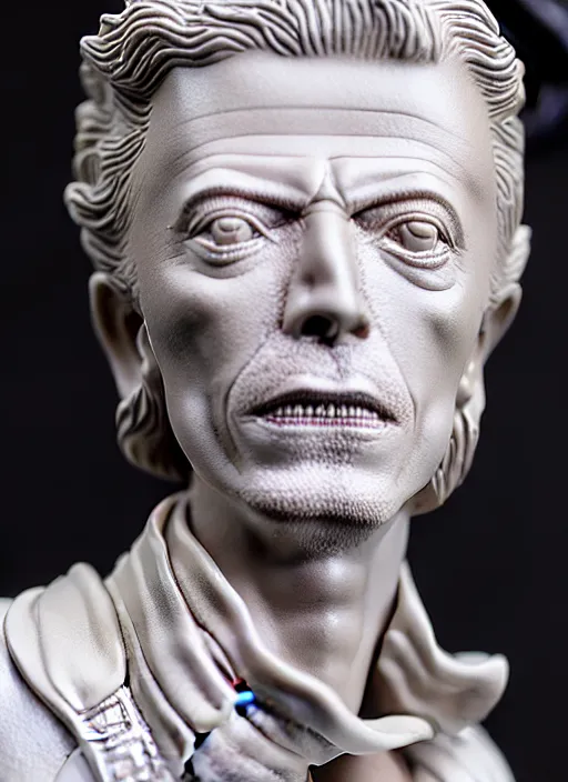 Image similar to David Bowie , A Close up photo-real delicate ceramic porcelain sculpture of a symmetrical ornate detailed in front of an intricate background by Victo Ngai and takato yamamoto, micro detail, backlit lighting, face in focus, subsurface scattering, translucent, thin porcelain, octane renderer, colorful, physically based rendering, japanese pottery, trending on cgsociety