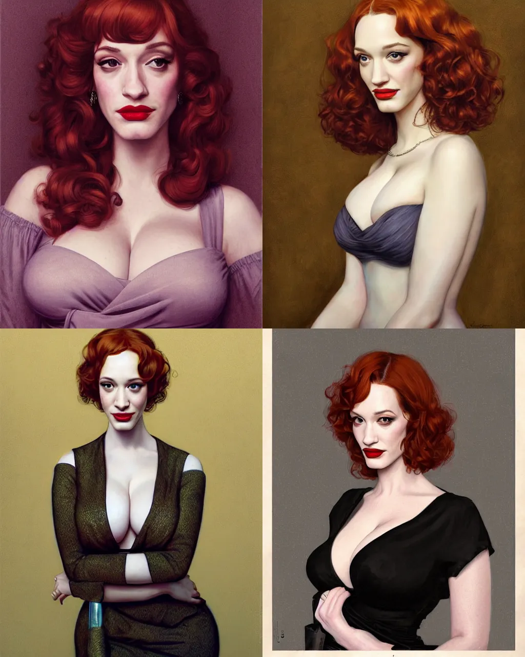 Prompt: sophisticated portrait of Christina Hendricks!!! Kat Dennings!!!, 1960s flower power hippy, very smoky Paris bar, elegance, highly detailed, shallow depth of field, Artstation, Artgerm, Donato Giancola and Joseph Christian Leyendecker