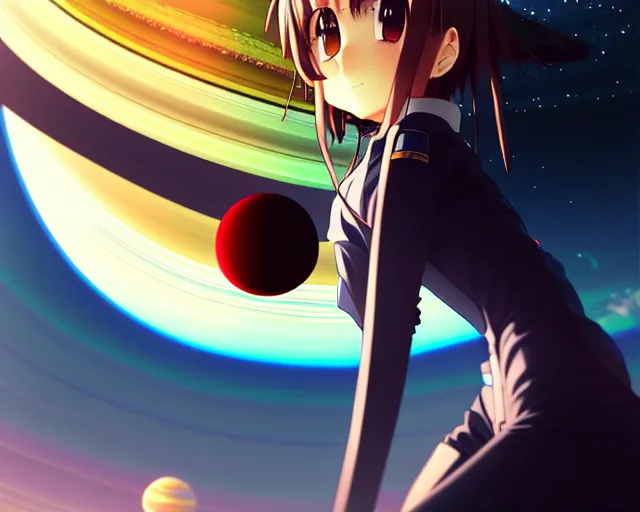 Prompt: anime portrait of a menacing planet sized mech, over looking saturn, wide shot, bokeh, ilya kuvshinov, anime, pixiv top monthly, trending on artstation, cinematic, danbooru, zerochan art, kyoto animation