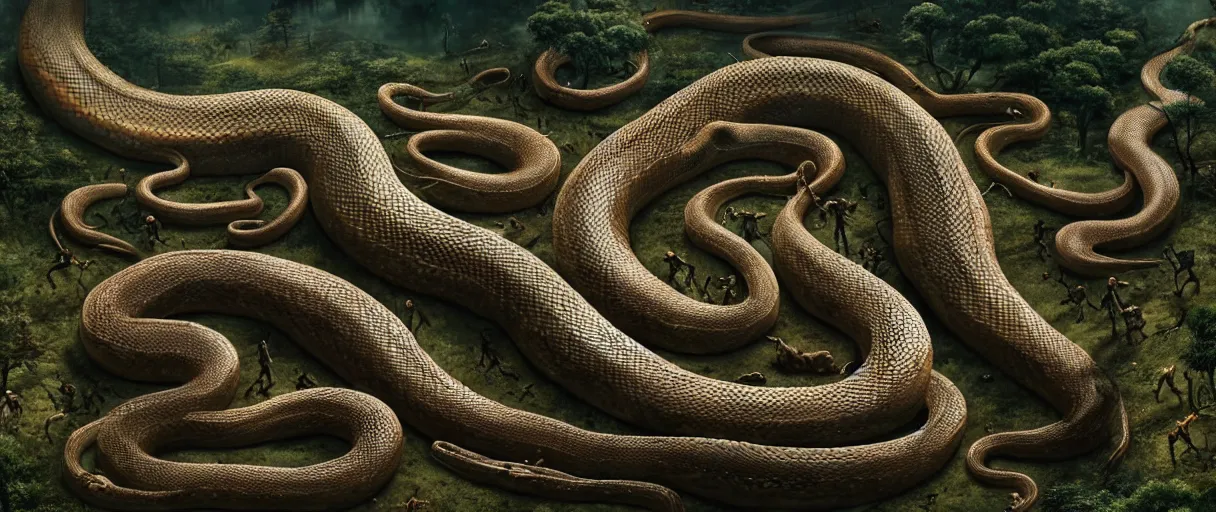 Prompt: a giant snake near a village, high detail, 8k, ornate, dark fantasy, maximalist, realistic, masterpiece, complex, WLOP, film still from the movie directed by Denis Villeneuve with art direction by Salvador Dalí