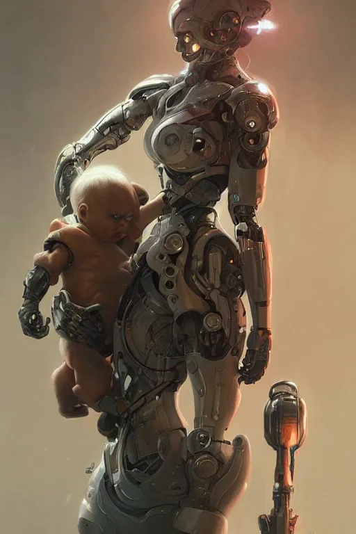 Image similar to Ultra realistic illustration, robot woman carrying a baby, cyberpunk, sci-fi, fantasy, intricate, elegant, highly detailed, digital painting, artstation, concept art, smooth, sharp focus, illustration, art by artgerm and greg rutkowski and alphonse mucha