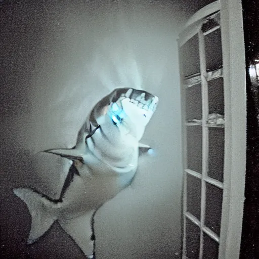Prompt: grainy photo of a great white shark as a creepy monster in a closet, harsh flash