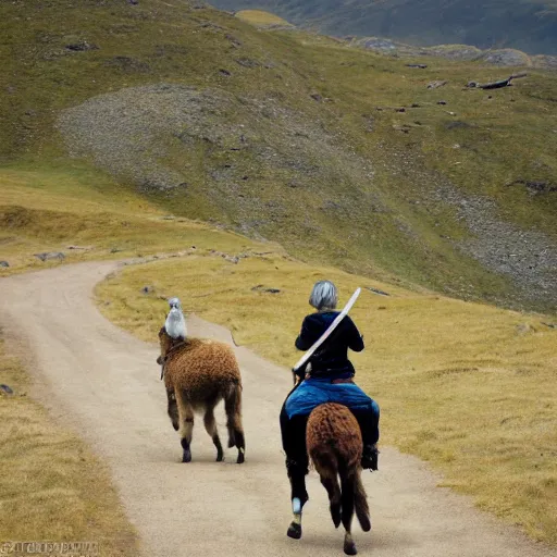 Image similar to rohirrim, riding toward minas tirith on alpacas