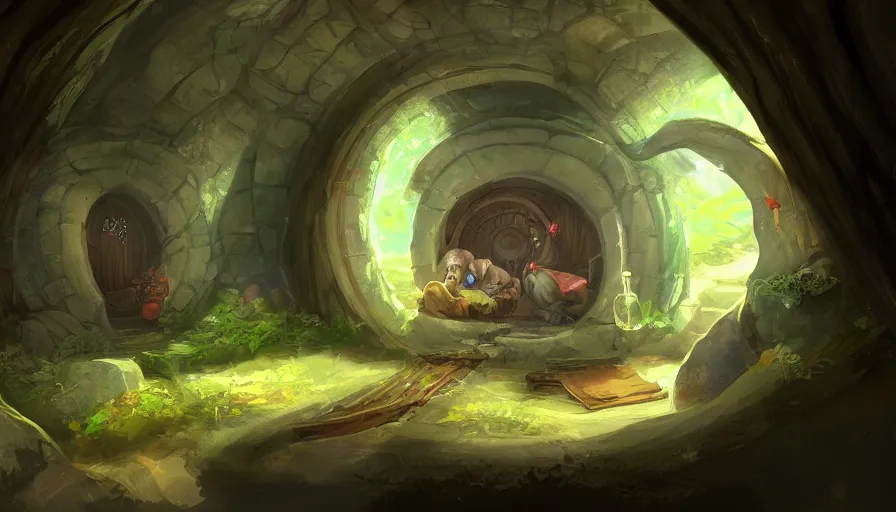 Prompt: concept art of the inside of a comfortable hobbit - hole, digital art, trending on artstation