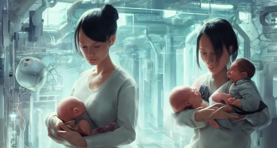 Image similar to a very very very very very very realistic still of a woman holding a newly born cyborg baby in a cyborg factory, rendered by beeple, by makoto shinkai, syd meade, starwars, space art concept, sci - fi, digital art, unreal engine, wlop, trending on artstation, 4 k uhd image, octane render