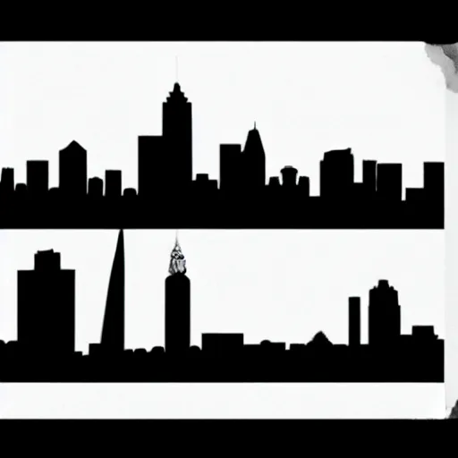 Image similar to a perfect circle, the outer edge of the circle is hugged by the silhouette of a city skyline, black and white, minimalist, in the style of a line drawing