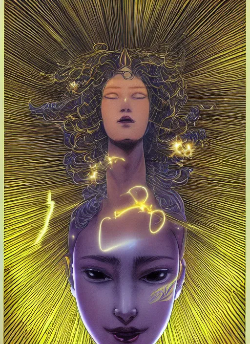 Image similar to a golden woman 2/3 figurative anime portrait, in space, head breaking apart and spiraling geometry into the sky upwards into another dimension, lazer light beaming down to top of her head, by moebius and Yoshitaka amano