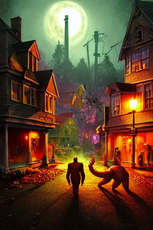 Image similar to a hyperrealistic vray rendering of a quiet autumn town being invaded by monsters in the night, cinematic horror by chris cunningham, lisa frank, richard corben, highly detailed, vivid color,