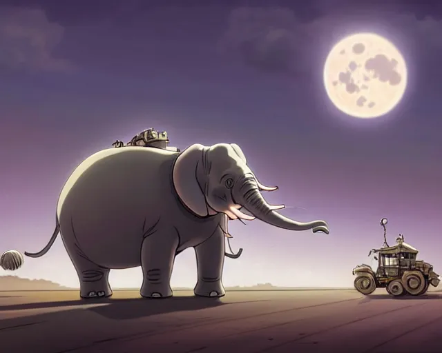 Image similar to a cell shaded cartoon grey lovecraftian mechanized elephant from howl's moving castle ( 2 0 0 4 ), with a big head, on a desert road, wide shot, in front of a big moon, muted colors, post grunge, josan gonzales, wlop, by james jean, victor ngai, hq, deviantart, art by artgem