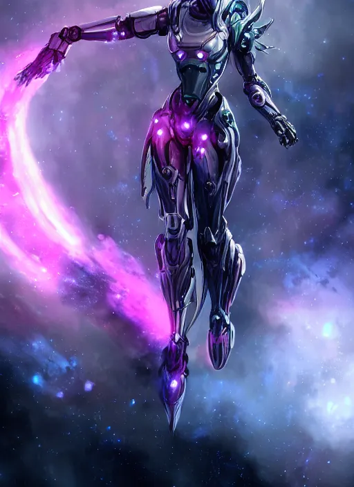 Image similar to cinematic shot, bust, cosmic sized perfectly proportioned stunning hot female warframe, robot mecha female dragon head, silver armor, fuschia leds, floating in empty space, nebula sized, holding a galaxy, epic proportions, epic size, epic scale, furry art, dragon art, giantess art, warframe fanart, furaffinity, deviantart