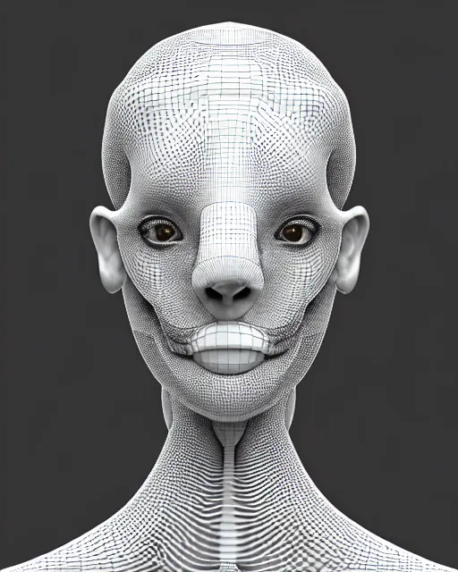 Image similar to a black and white 3D render of a beautiful portrait of a young female angelic-dragon-cyborg face with a very long neck, 150 mm, orchids, Mandelbrot fractal, anatomical, flesh, facial muscles, veins, arteries, full frame, microscopic, elegant, highly detailed, flesh ornate, elegant, high fashion, rim light, ray trace, octane render in the style of H.R. Giger and Man Ray, Realistic, Refined, Digital Art, Highly Detailed, Cinematic Lighting, rim light, black and white, photo-realistic Unreal Engine, 8K