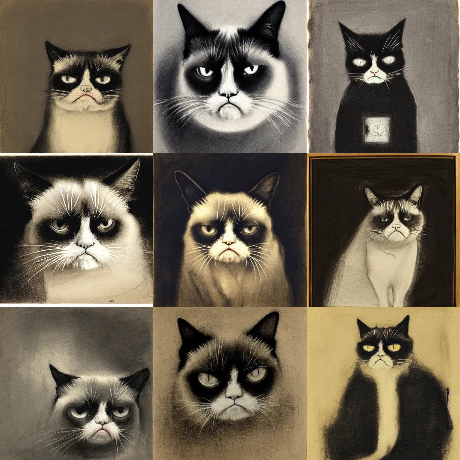 Prompt: a portrait of grumpy cat, charcoal, Odilon Redon