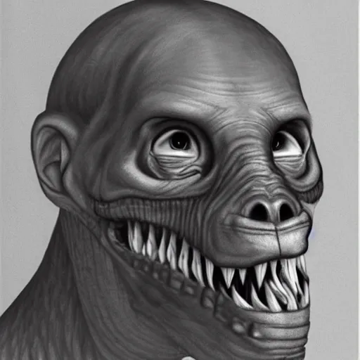 Image similar to face of a human tyrannosaurus hybrid