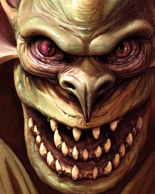 Prompt: closeup profile face portrait of a medieval goblin eating cakes in the cloisters, beautiful face, hyper realistic, highly detailed, digital painting, artstation, illustration, concept art by hyung tae, frank frazetta, bosch, giger, digital paint, matte paint, washed colors, dark, gloomy, detailed and intricate environment