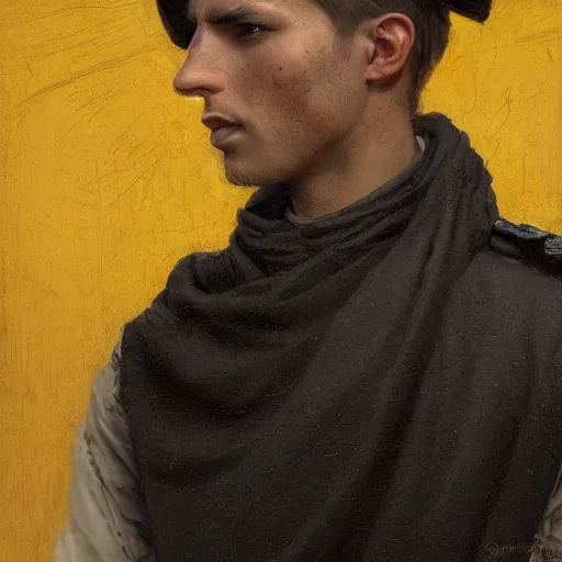 Prompt: Medium closeup young idealistic and pious homely male Imperial soldier wearing a black tabard with light yellow accents over a gambeson and a small!!! barbut helm, by Raymond Swanland Greg Rutkowski Lise Deharm, {perfect face}, {perfect eyes}, {uncertain look}, {on edge}