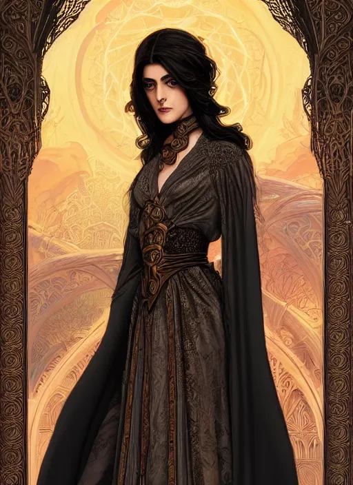 Image similar to centered portrait, Maya Ali as a D&D sorcerer, black hair, intricate robes, Art Nouveau, beautiful retro Fantasy heroine 1985, intricate, elegant, highly detailed, centered, digital painting, trending on artstation, concept art, smooth, sharp focus, illustration, art by raphael lacoste, eddie mendoza, Mucha, alex ross, WLOP