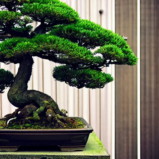 Prompt: photo of a bonsai tree on the ledge of a house in tokyo, japan, overcast, raining, disposable camera