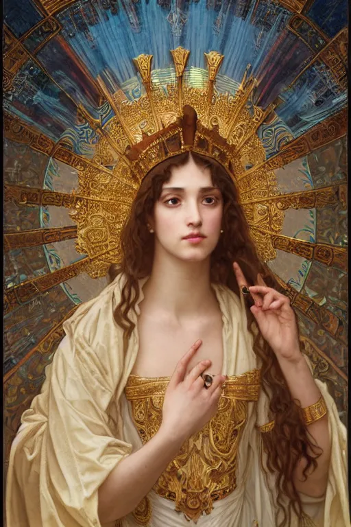 Image similar to Portrait of historically accurate, biblical, sneering, young, wicked, terrible, evil, pagan, beautiful, queen jezebel of ancient Israel, wearing gilded robes, long hair, intricate, elegant, highly detailed, masterpiece, illustration, art by artgerm and greg rutkowski and alphonse mucha and Wayne Barlowe and william-adolphe bouguereau, highly detailed, trending on artstation, award winning