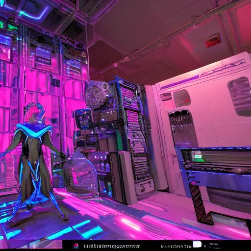 Prompt: you see a technomagical laboratory cluttered with computers and arcane components. in the middle of the room a technomancer wizard in robes whispers to his synthesized ai djinn. behind them is a large supercomputer. the room is lit with dayglow pink and blue dazzle camouflage patterns.