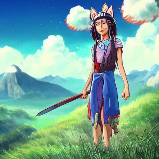 Prompt: “Zendaya, Mononoke-hime style, cartoon, blue sky with white clouds green hills and mountains on the background, fantasy, photorealistic, concept Art, ultra detailed portrait, 4k resolution”