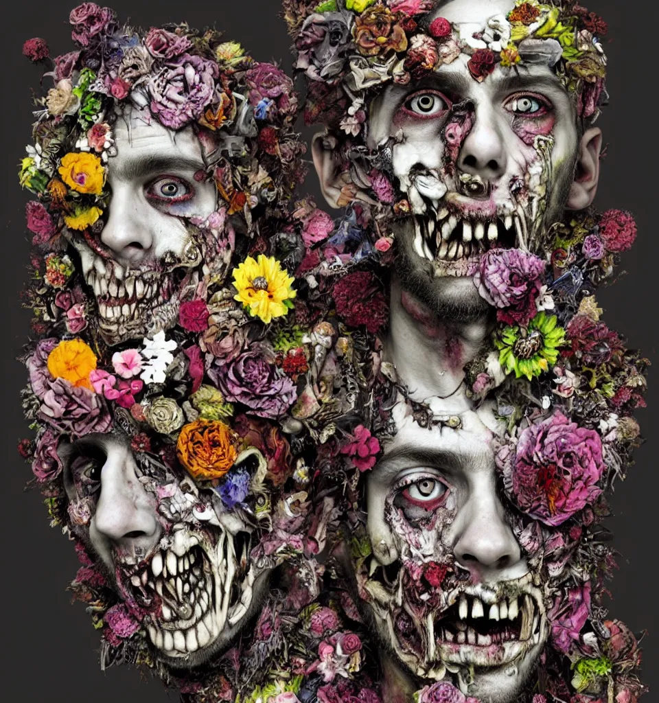 Image similar to zombie, punk rock, young male, bearded, multicolored faces, fruit and flowers, gemstone eyes, botanical, vanitas, sculptural, baroque, rococo, intricate detail, spiral, ornamental, photocopied, kaleidoscopic, dynamic lighting, art by david altmejd