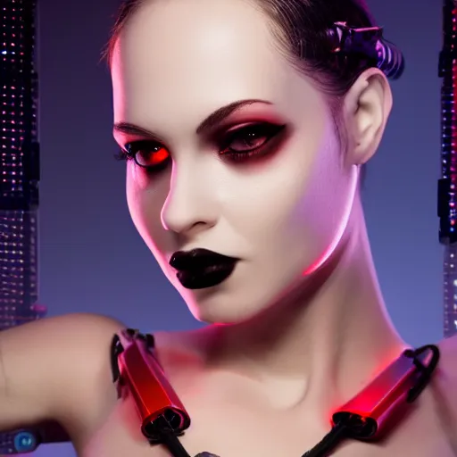 Image similar to an immaculate octane redshift high key lighting headshot rendering of an attractive pale curvy cybernetic goth woman with embedded LEDs, a cybernetic eye, and an exoskeleton.