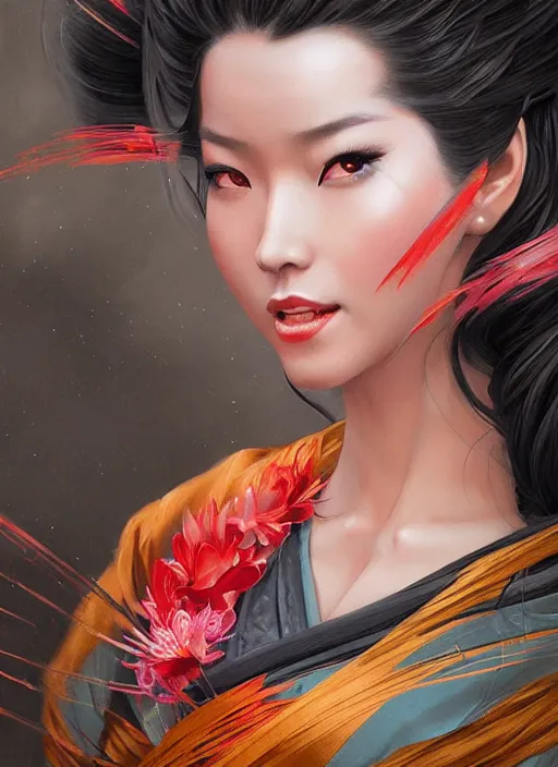 Image similar to hyper realistic geisha, by artgerm, background by greg rutkowski