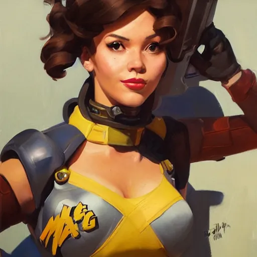 Image similar to greg manchess portrait painting of april o'neil as overwatch character, medium shot, asymmetrical, profile picture, organic painting, sunny day, matte painting, bold shapes, hard edges, street art, trending on artstation, by huang guangjian and gil elvgren and sachin teng