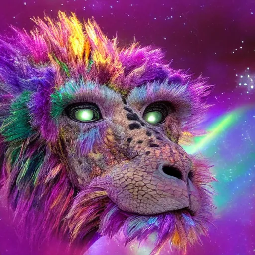 Image similar to a purple speckled lion - ostrich creature, engulfed in twisting glowing iridescent alien flora, with strange rainbow alien flowers, dramatic, award - winning photography, realism