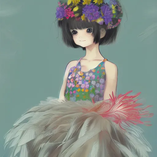 Image similar to little girl with flowers in hair wearing an dress made of feathers, anime style, art by ilya kuvshinov, 8 k, concept art
