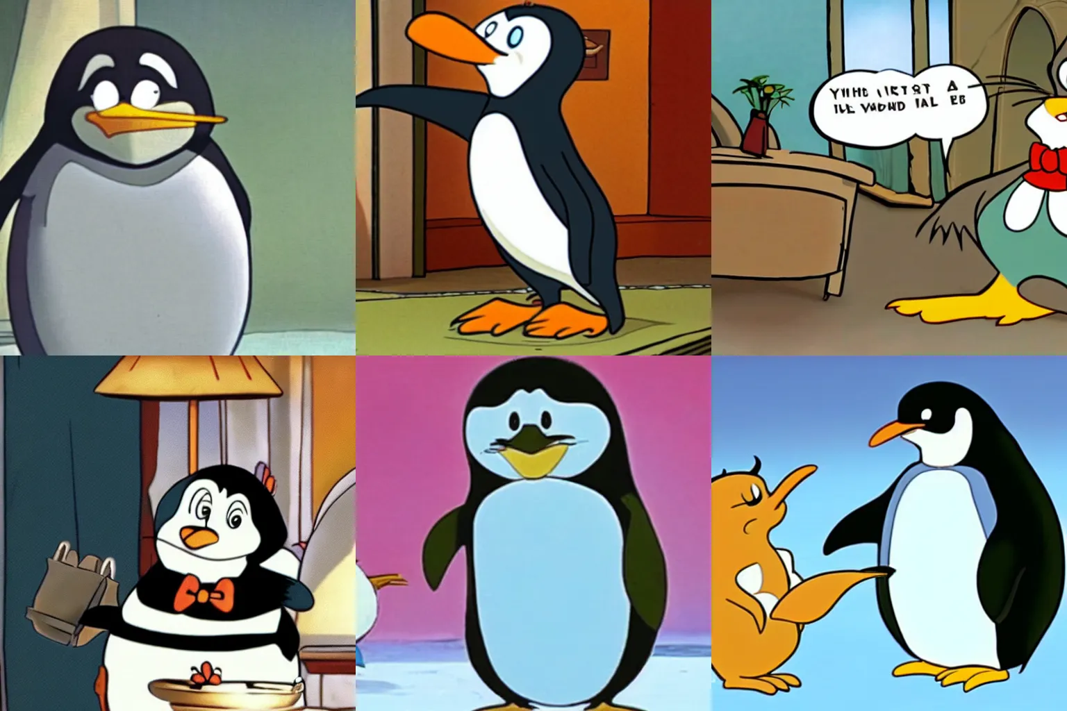 Prompt: a penguin in the of Tom and Jerry cartoon