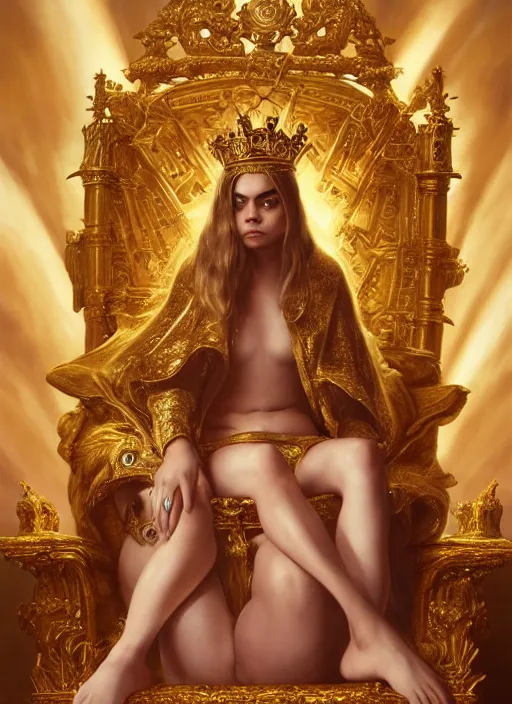 Image similar to cute chubby cara delevingne as a heavenly queen sitting on a golden throne, anatomy, bathed in light, highly detailed, photorealistic, artstation, smooth, sharp focus, illustration, unreal engine 5, 8 k, art by artgerm and greg rutkowski and edgar maxence