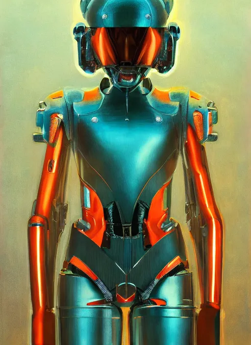 Prompt: ( ( symmetry ) ) closeup portrait of a chrome mech cyborg android stunning girl, racer jumpsuit with shoulder pads, cinematic light, teal orange, viscous volumetric smoke, mist, by gerald brom, by mikhail vrubel, by peter elson, muted colors, extreme detail, trending on artstation, 8 k