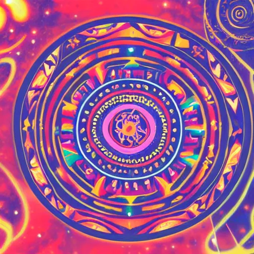 Prompt: Liminal space in outer space, Global Village Coffeehouse aesthetic, tribal ancient imagery, suns, spirals