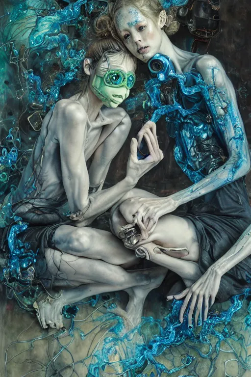 Image similar to two exhausted, skinny, fleshy figures, wearing ornate gas masks and silky green and blue scrubs, sit next to a fireplace with swirling blue flames inside a deserted hospital, ayami kojima, karol bak, hauntingly surreal, highly detailed painting part by james jean, jenny saville, soft light 4 k