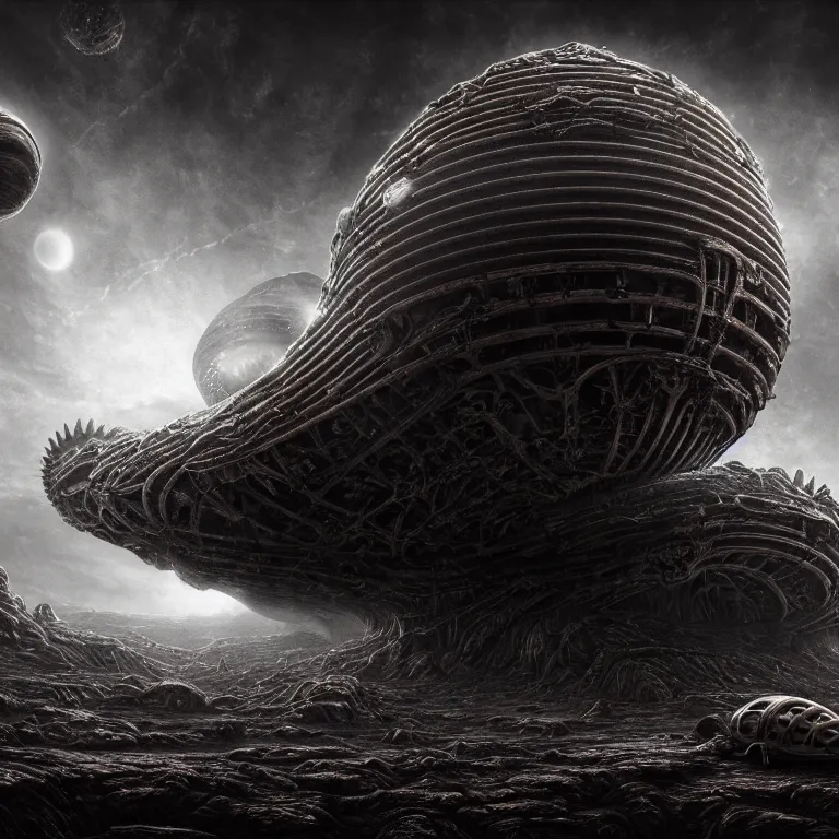 Prompt: ribbed surreal organic abandoned spinal alien spaceship on exoplanet, in a desolate empty wasteland, creepy, nightmare, dream-like heavy atmosphere, surreal abandoned buildings, beautiful detailed intricate insanely detailed octane render trending on Artstation, 8K artistic photography, photorealistic, chiaroscuro, Raphael, Caravaggio, Beksinski, Giger