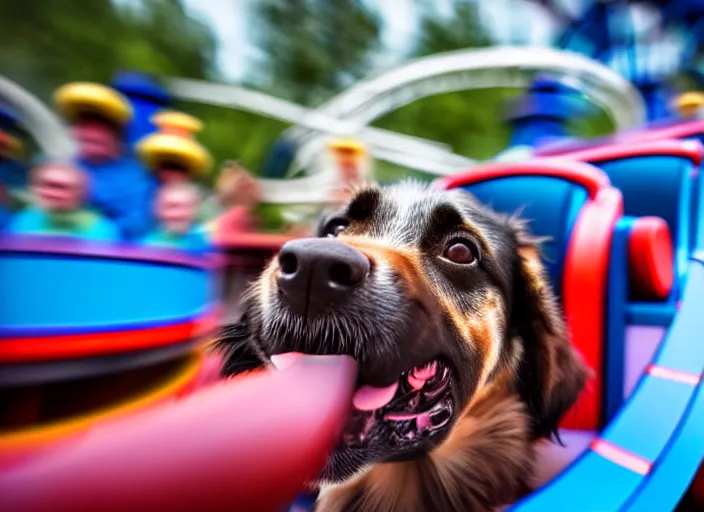 Image similar to film still of a dog riding a roller coaster in disneyland paris, 8 k