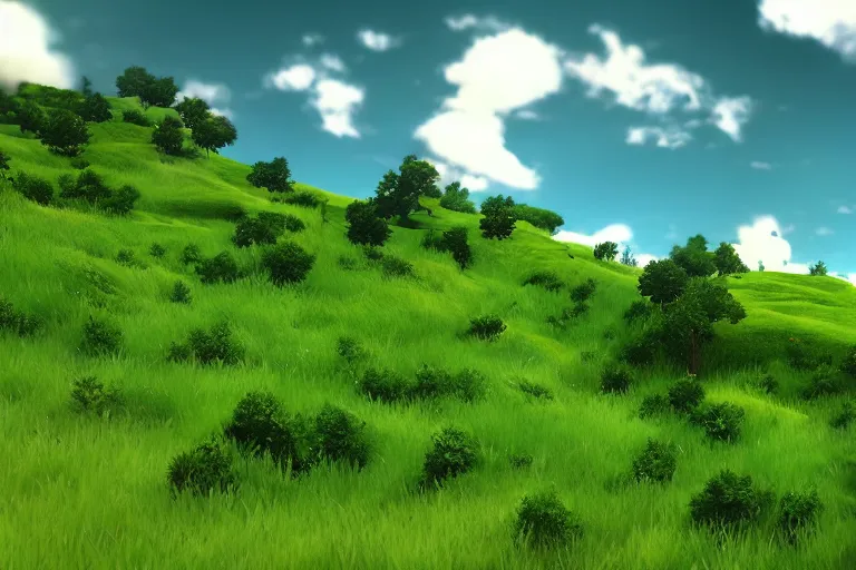 Image similar to wide green hilly, lush scenic landscape, blue sky, white clouds, video game style, unreal engine, cinematic look, anime, highly detailed