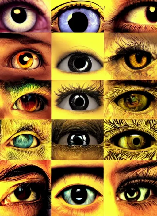 Image similar to grid montage of cube shaped eyes, cube shaped dilated pupils, cubic irises, detailed colored textures, eyelashes, advanced art, art styles mix, from wikipedia, wet reflections in cube eyes, sunshine light, hd macro photograph, from side, various eyelid positions