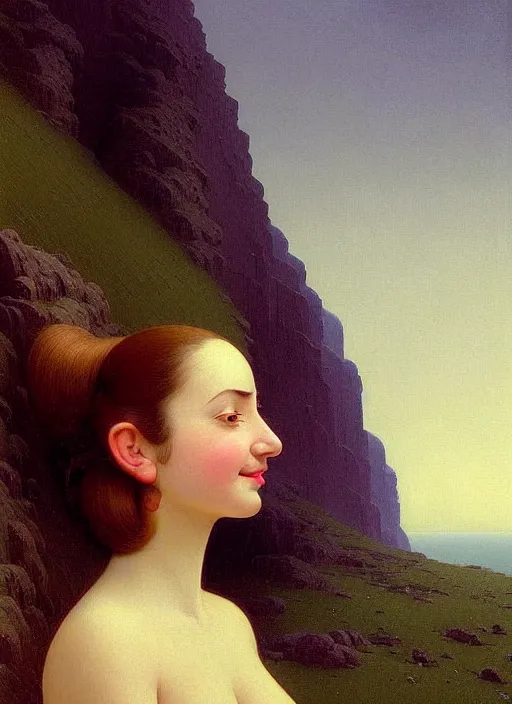 Image similar to hyper detailed 3 d render like a oil painting - cute portrait of a brunette named emma, italian looking, looking at camera, symmetrical face, long brunette hair, nose ring, a smiling cow looking over her shoulder by ryden, kawase hasui, dorothea tanning, edward hopper and james gilleard, aivazovsky, beksinski, outram, artstation