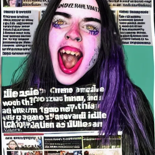 Image similar to crazy mad billie eilish on local newspaper