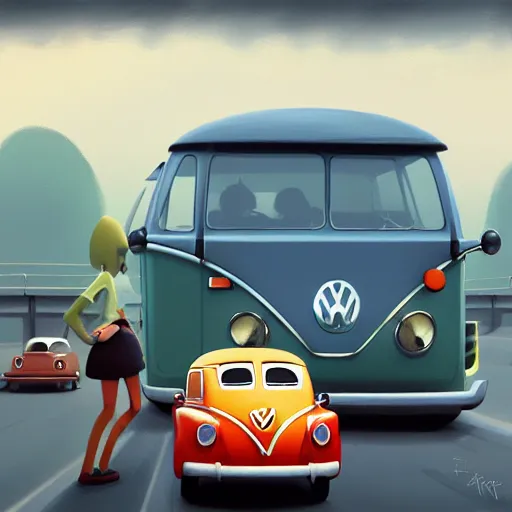 Prompt: goro fujita ilustration a volkswagen full of people on the highway, painting by goro fujita, sharp focus, highly detailed, artstation