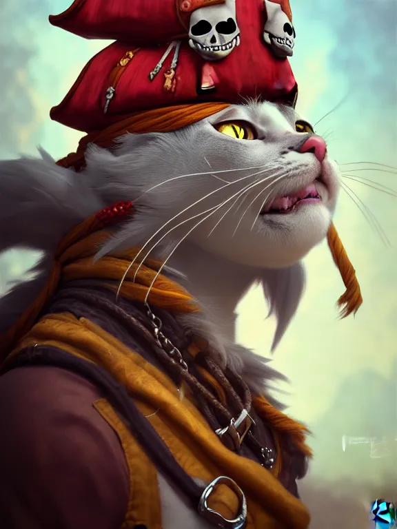 Prompt: detailed portrait of pirate cat, hyper detailed, digital art, trending in artstation, cinematic lighting, studio quality, smooth render, unreal engine 5 rendered, octane rendered, art style by klimt and nixeu and ian sprigger and wlop and krenz cushart