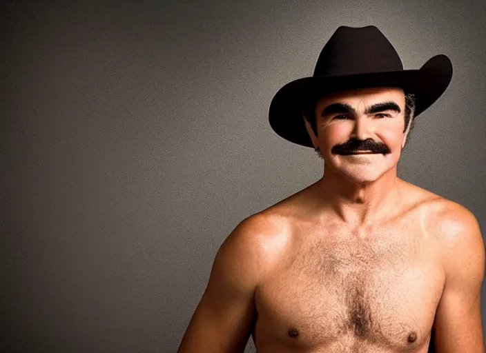 Image similar to studio portrait photo still of 2 0 year old burt reynolds!!!!!!!! at age 2 0 2 0 years old 2 0 years of age!!!!!!! wearing a cowboy hat holding a bucket of fried chicken, 8 k, 8 5 mm f 1. 8, studio lighting, rim light, right side key light