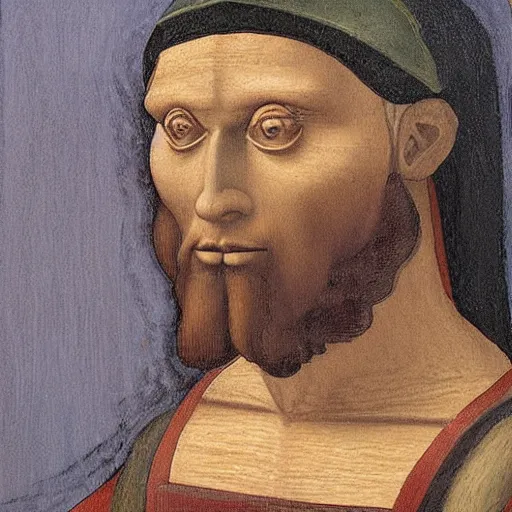 Prompt: an oil painting in the style of leonardo da vinci of half robot half man, indicating to ai