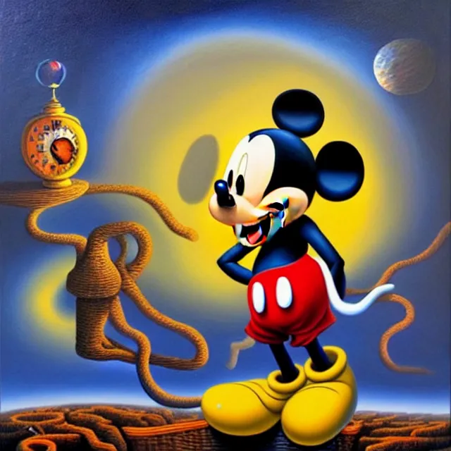 Image similar to an oil on canvas portrait painting of mickey mouse, surrealism, surrealist, cosmic horror, rob gonsalves, high detail