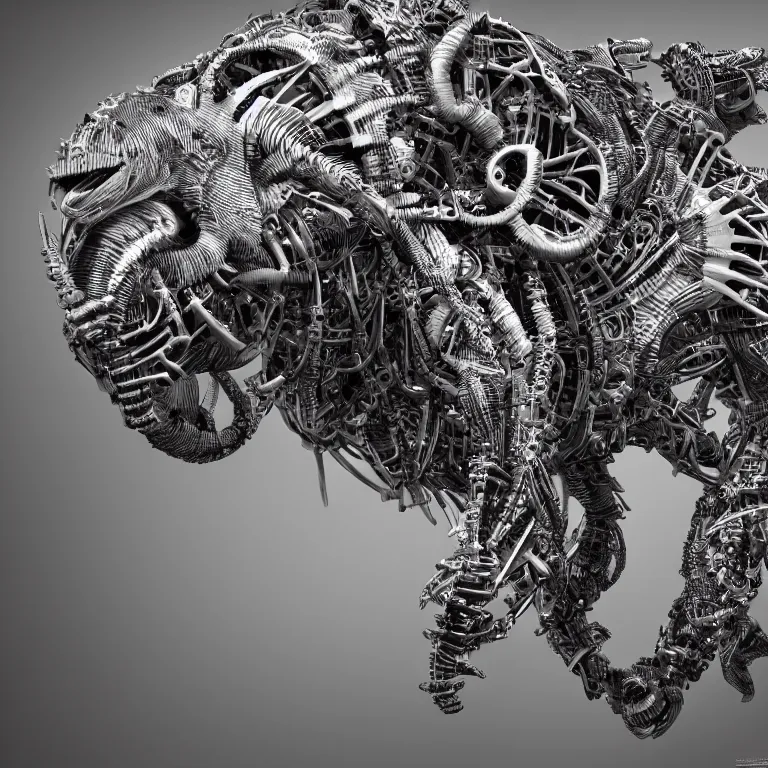 Image similar to surreal biomechanical spinal ribbed tribal exotic organic animal mechanical cyborg, beautiful detailed intricate insanely detailed BW 3D render digital art, octane render, 8K artistic photography, photorealistic