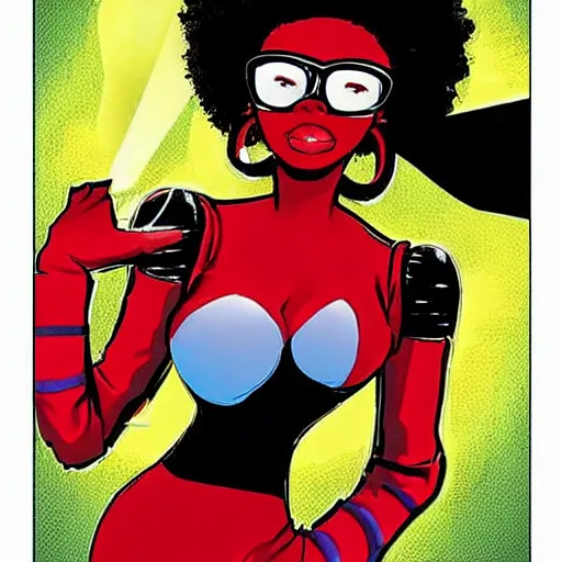 Prompt: nerdy black girl super hero , big red Afro , sexy red lips, tall and slim figured , saving kids from harm, comic book style,